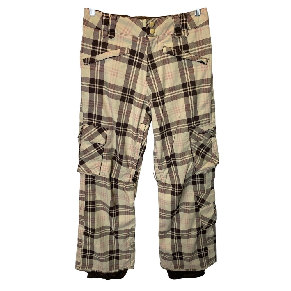 Burton Snow Pants Womens M Brown Pink Plaid Cargo Ski Snowboard Winter Gorpcore